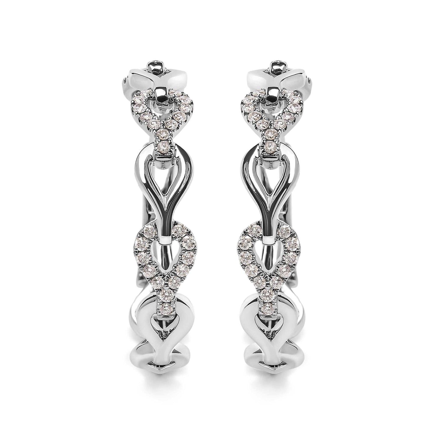 Diamond open link hoop earrings in 14K white gold with 74 round diamonds, G-H color, SI1-SI2 clarity, clip-on style.