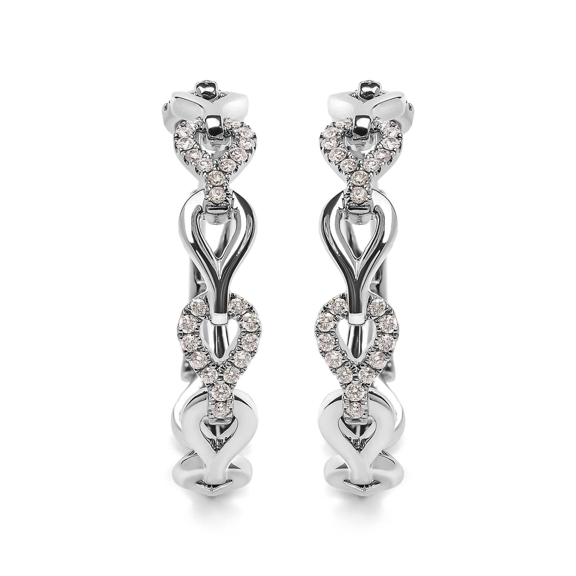 Diamond open link hoop earrings in 14K white gold with 74 round diamonds, G-H color, SI1-SI2 clarity, clip-on style.