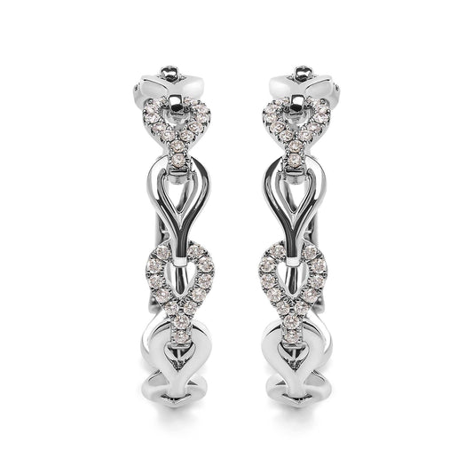 Diamond open link hoop earrings in 14K white gold with 74 round diamonds, G-H color, SI1-SI2 clarity, clip-on style.
