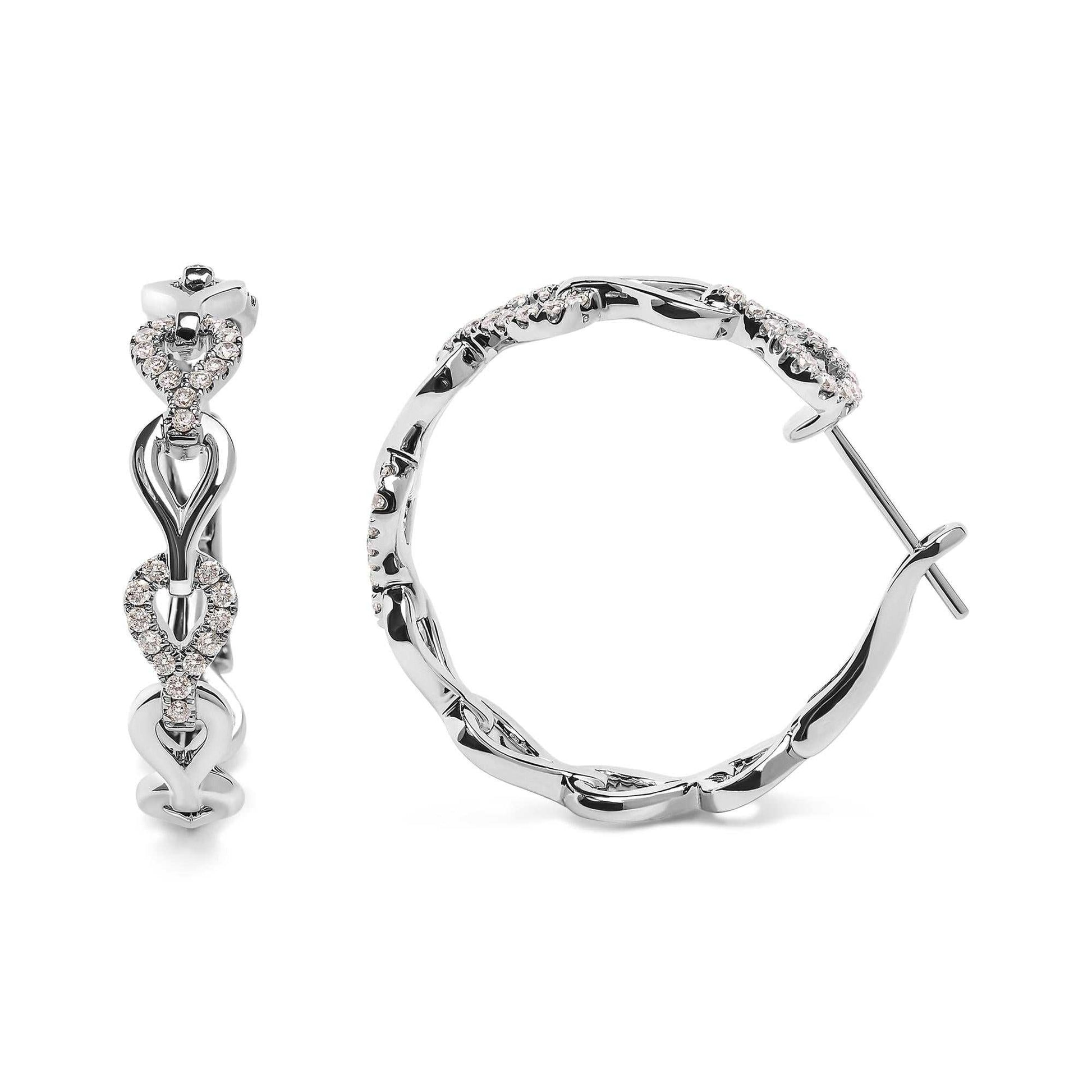 14K white gold diamond open link hoop earrings with 74 round diamonds, G-H color, SI1-SI2 clarity