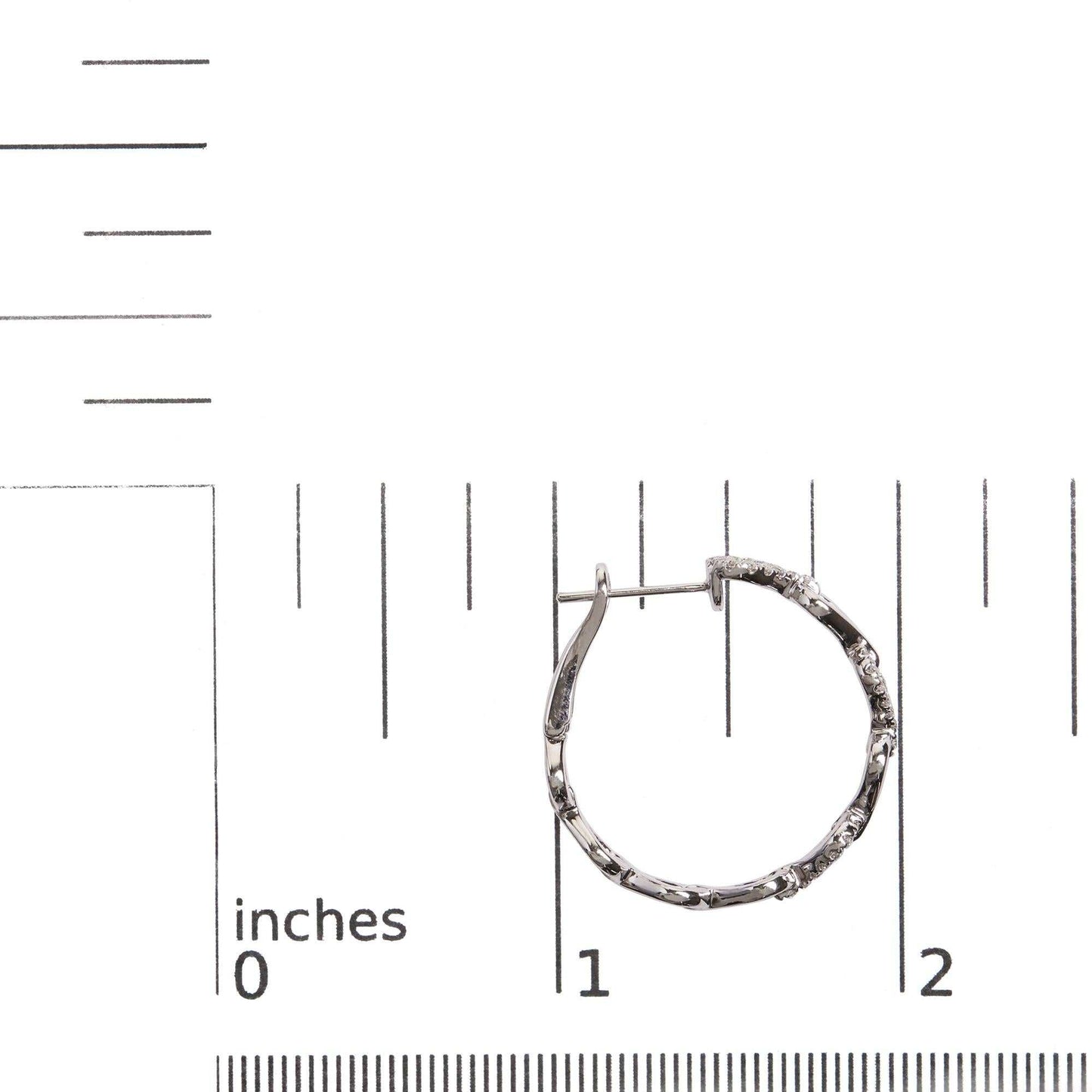 14K white gold diamond open link hoop earring with 74 round diamonds, G-H color, SI1-SI2 clarity, clip-on style, shown next to ruler for size reference.