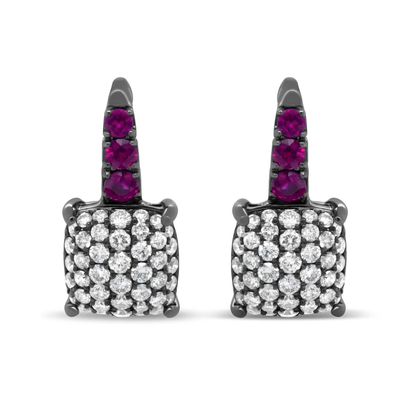Round diamond and graduated red ruby drop earrings in black rhodium plated 18k white gold with lever backs.