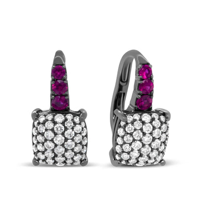 Round diamond and graduated red ruby drop earrings in black rhodium plated 18k white gold with lever backs