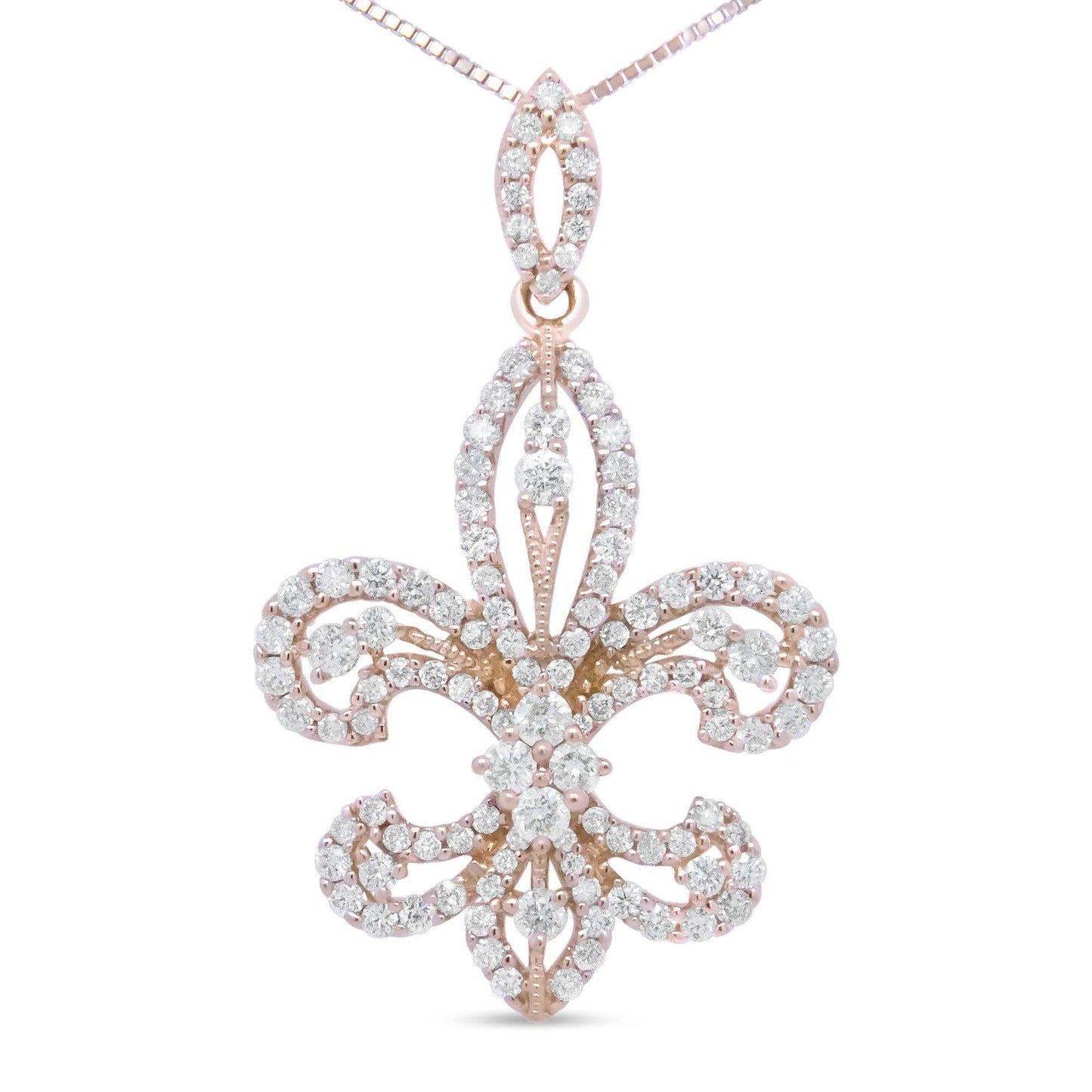 18K rose gold fleur de lis pendant with diamond accents in elegant drop design