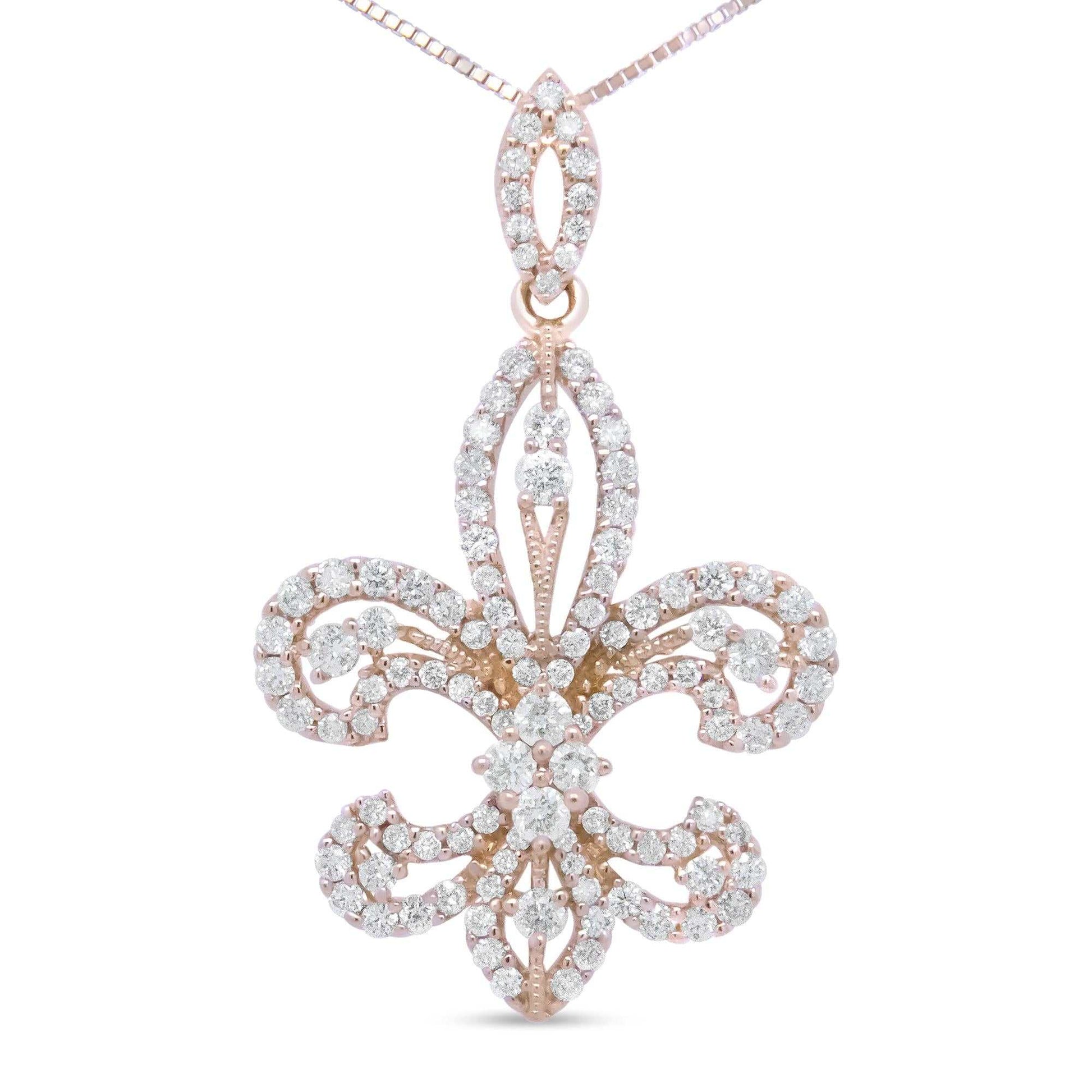 18K rose gold fleur de lis pendant with diamond accents in elegant drop design