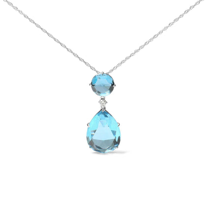 18-inch white gold necklace with round London blue topaz, pear cut sky blue topaz pendant, and diamond accent