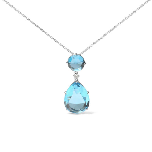 18-inch white gold necklace with round London blue topaz, pear cut sky blue topaz pendant, and diamond accent