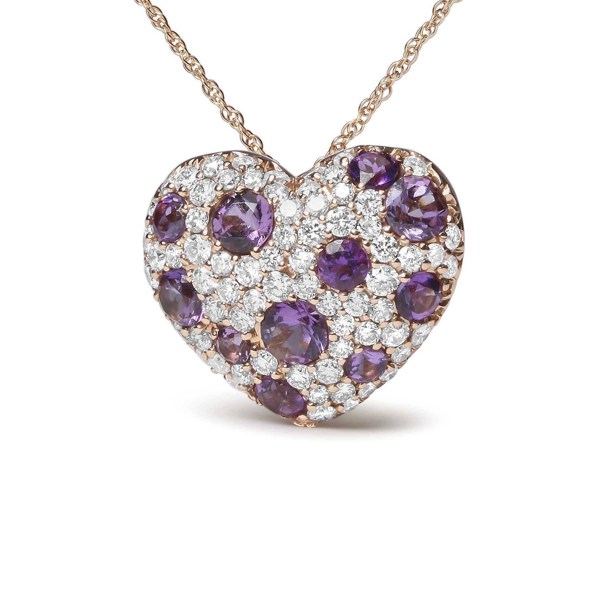 Cluster heart shape 18k rose gold pendant necklace with purple amethyst and round diamonds on an 18-inch rope chain