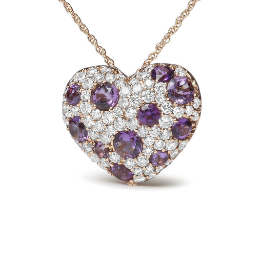 Cluster heart shape 18k rose gold pendant necklace with purple amethyst and round diamonds on an 18-inch rope chain
