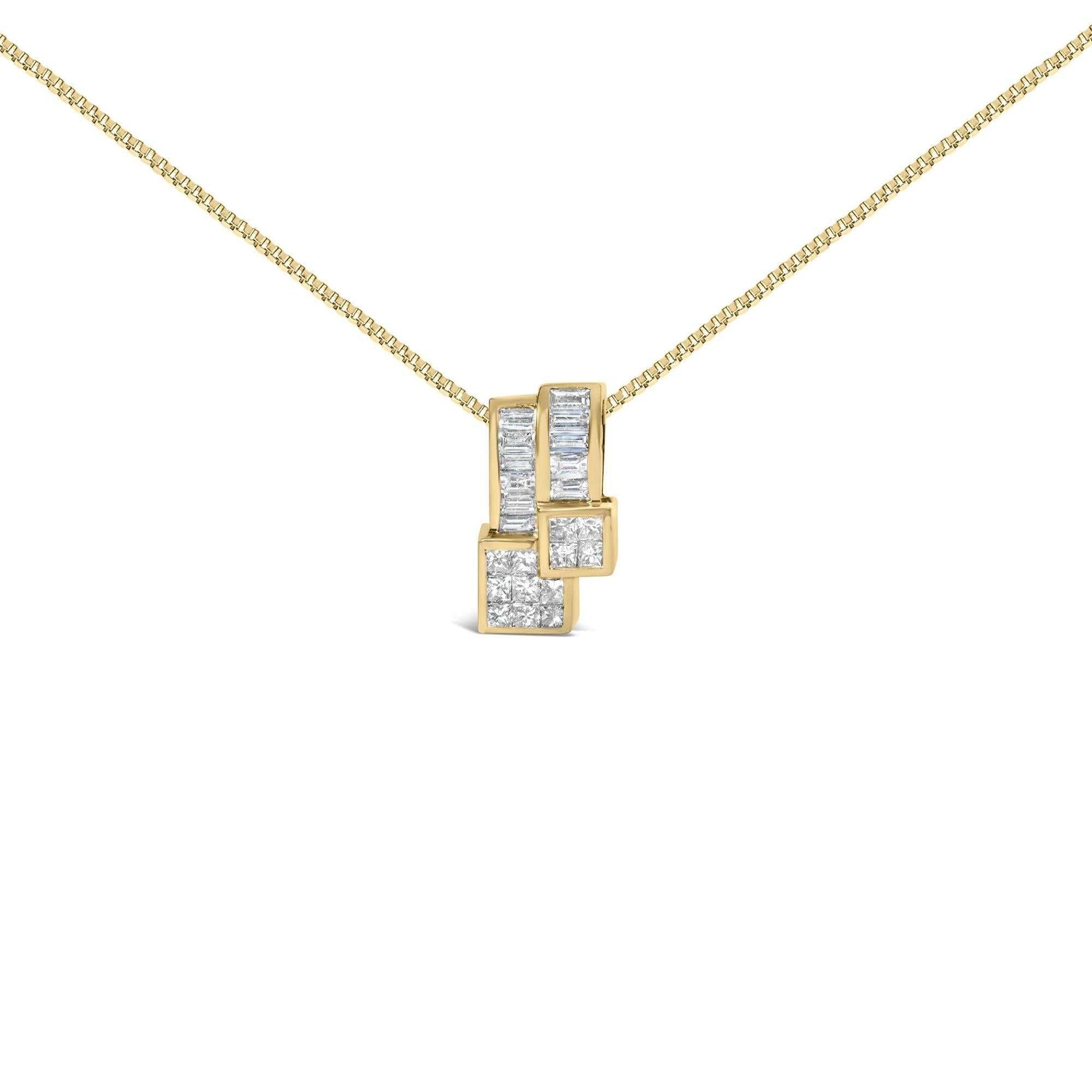 14K yellow gold geometric pendant necklace with baguette and princess-cut diamonds, H-I color, VS1-VS2 clarity on an 18-inch box chain