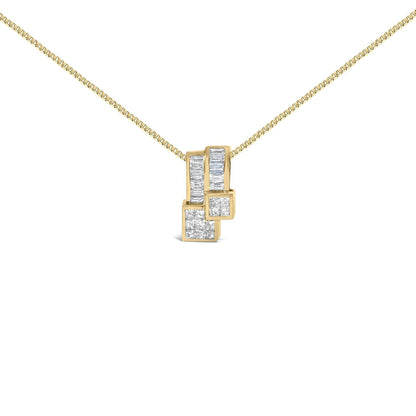 14K yellow gold geometric pendant necklace with baguette and princess-cut diamonds, H-I color, VS1-VS2 clarity on an 18-inch box chain