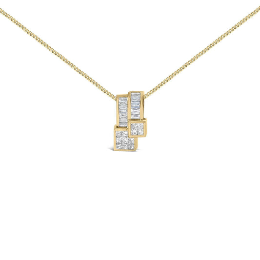 14K yellow gold geometric pendant necklace with baguette and princess-cut diamonds, H-I color, VS1-VS2 clarity on an 18-inch box chain