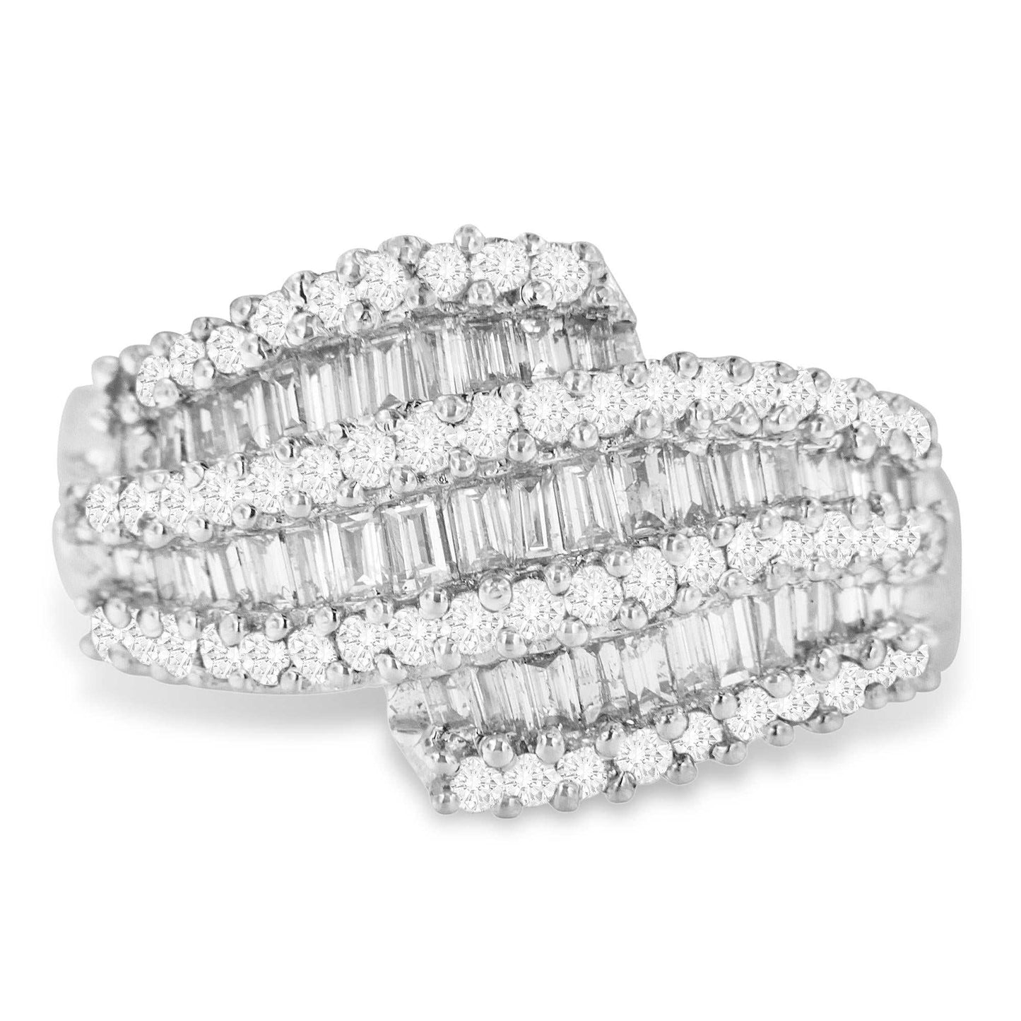 Diamond cocktail ring band with 1 3/4 carat round and baguette diamonds in 14k white gold