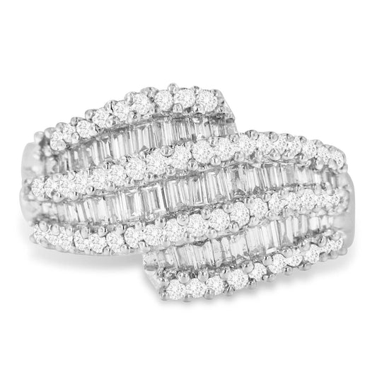 Diamond cocktail ring band with 1 3/4 carat round and baguette diamonds in 14k white gold