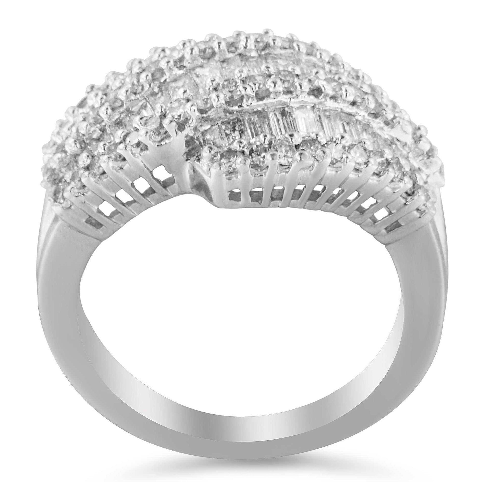 14k white gold diamond cocktail ring band with seven rows of round and baguette diamonds totaling 1 3/4 carats, H-I color, SI2-I1 clarity