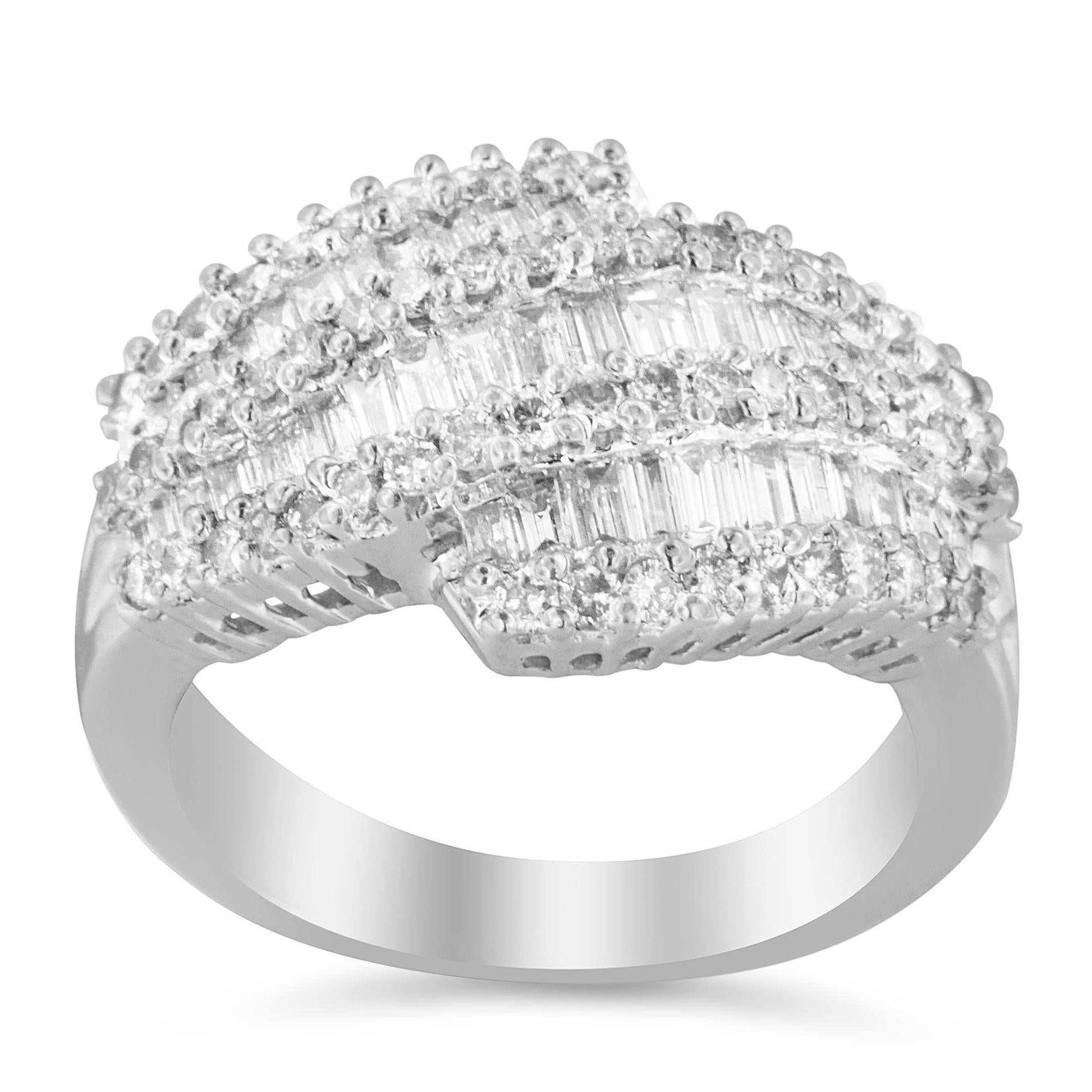 14k white gold diamond cocktail ring band with seven rows of round and baguette diamonds totaling 1 3/4 carats, H-I color, SI2-I1 clarity