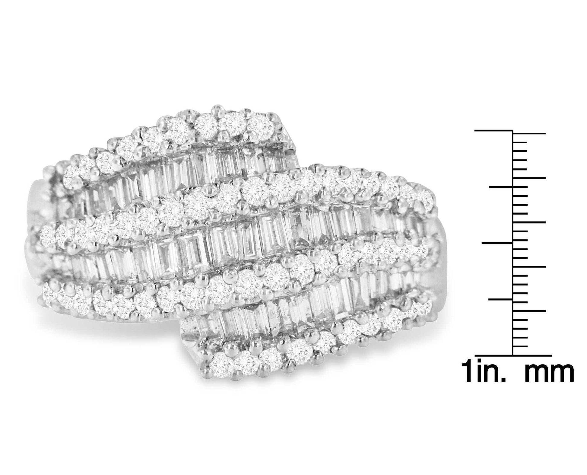 14k white gold diamond cocktail ring with seven rows of round and baguette diamonds totaling 1 3/4 carats, H-I color, SI2-I1 clarity
