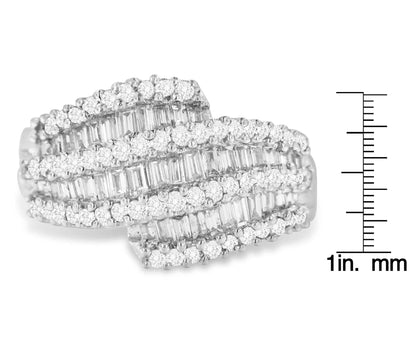 14k white gold diamond cocktail ring with seven rows of round and baguette diamonds totaling 1 3/4 carats, H-I color, SI2-I1 clarity