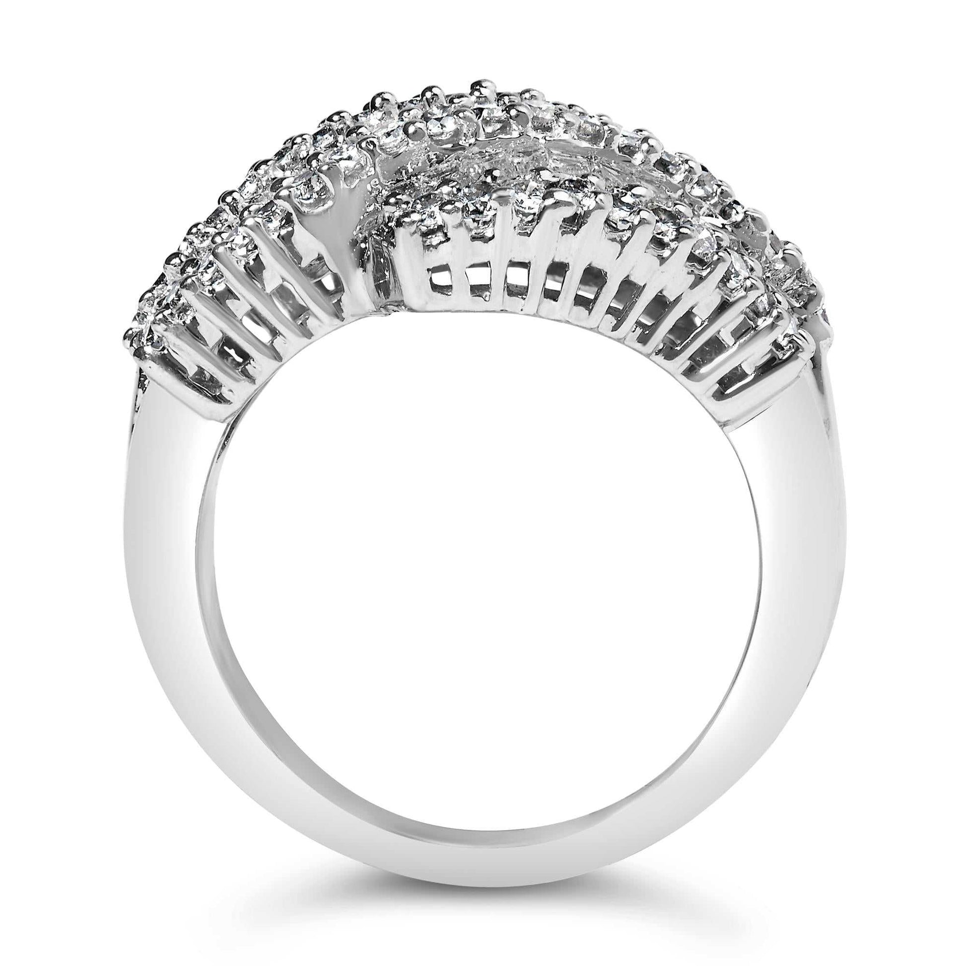 14k white gold diamond cocktail ring band with seven rows of round and baguette diamonds totaling 1 3/4 carats, H-I color, SI2-I1 clarity