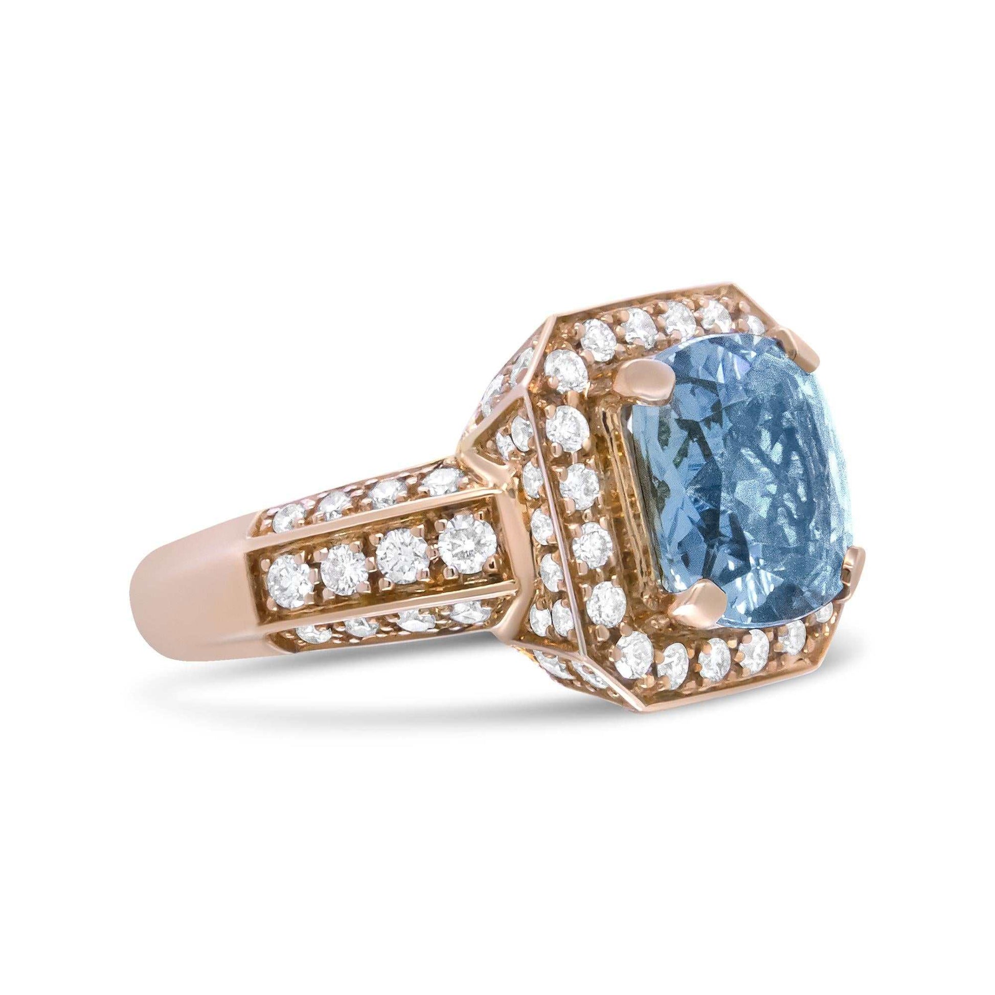 18K Rose Gold 10x10mm Cushion Shaped Aquamarine and 1 1/8 Cttw Round Diamond Halo Ring (F-G Color, VS1-VS2 Clarity) - The Sparkling Squirrels & Co. 