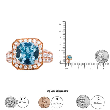 18K Rose Gold 10x10mm Cushion Shaped Aquamarine and 1 1/8 Cttw Round Diamond Halo Ring (F-G Color, VS1-VS2 Clarity) - The Sparkling Squirrels & Co. 