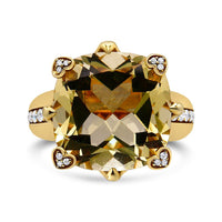 18K yellow gold diamond accented cocktail ring with lemon quartz and heart-shaped diamond prongs