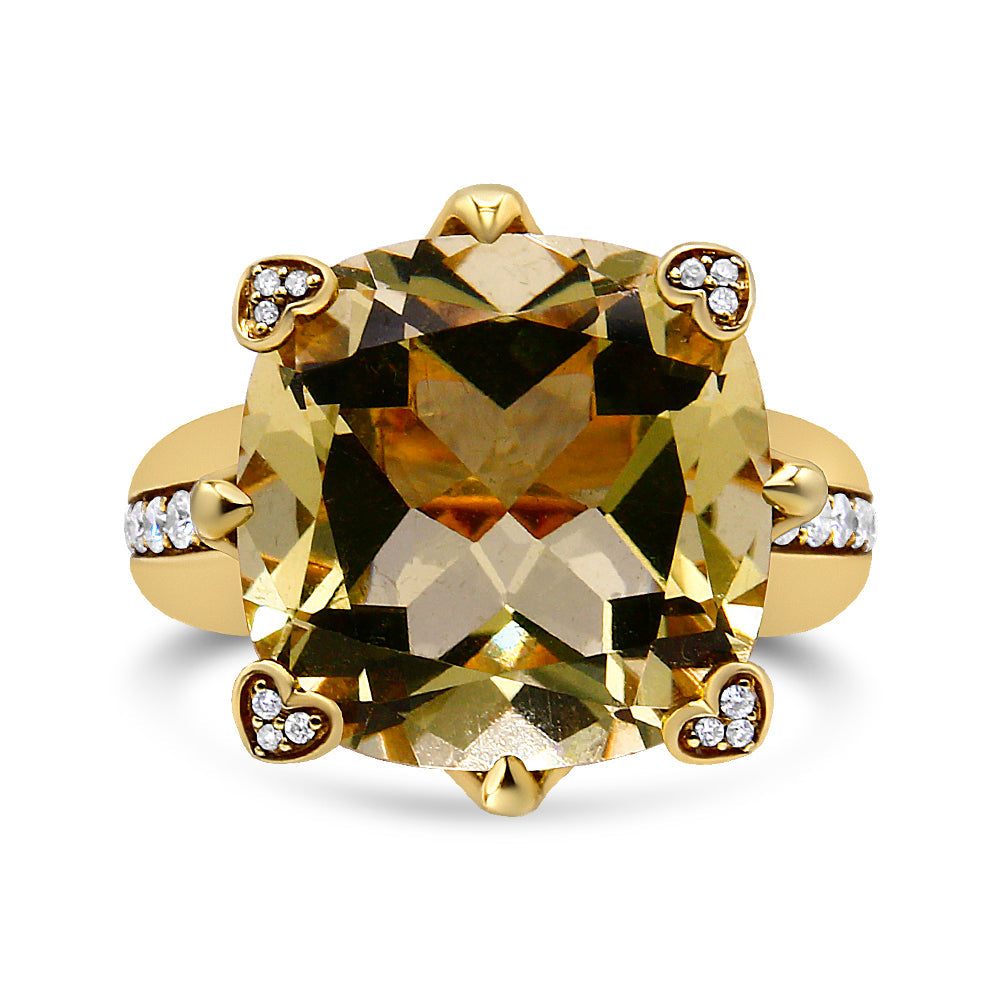 18K yellow gold diamond accented cocktail ring with lemon quartz and heart-shaped diamond prongs