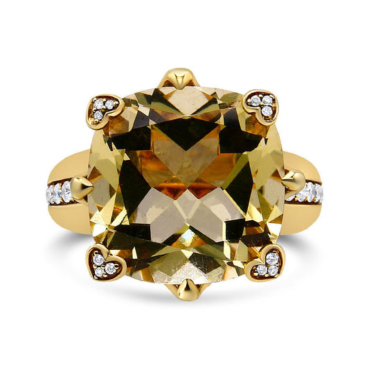 18K yellow gold diamond accented cocktail ring with lemon quartz and heart-shaped diamond prongs