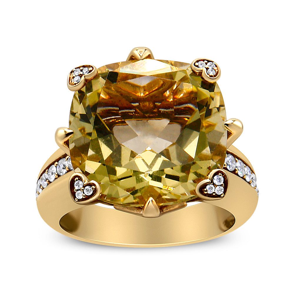 18K yellow gold cocktail ring with lemon quartz cushion cut center stone and diamond accents on prongs and band