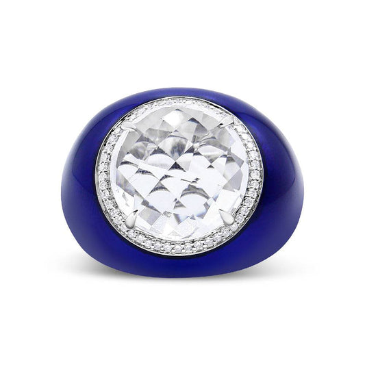 18K gold ring with 14mm white quartz center, diamond halo, and blue enamel band