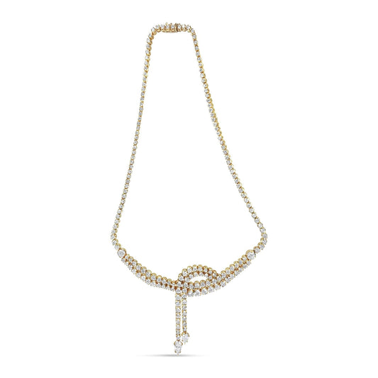 14k yellow gold double row diamond lariat tennis necklace with pear-shaped diamond drop tips and 17 carat total weight diamonds