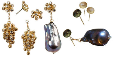 Pair of detachable Grapes Drop Earrings in 18K gold with diamonds and pearl drops, featuring intricate grape cluster design
