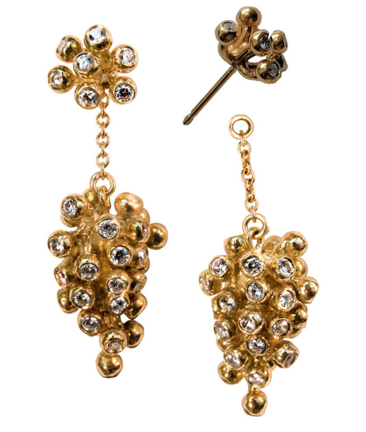 14K gold Grapes Drop Earrings with interchangeable diamond-studded studs and dangling grape cluster design