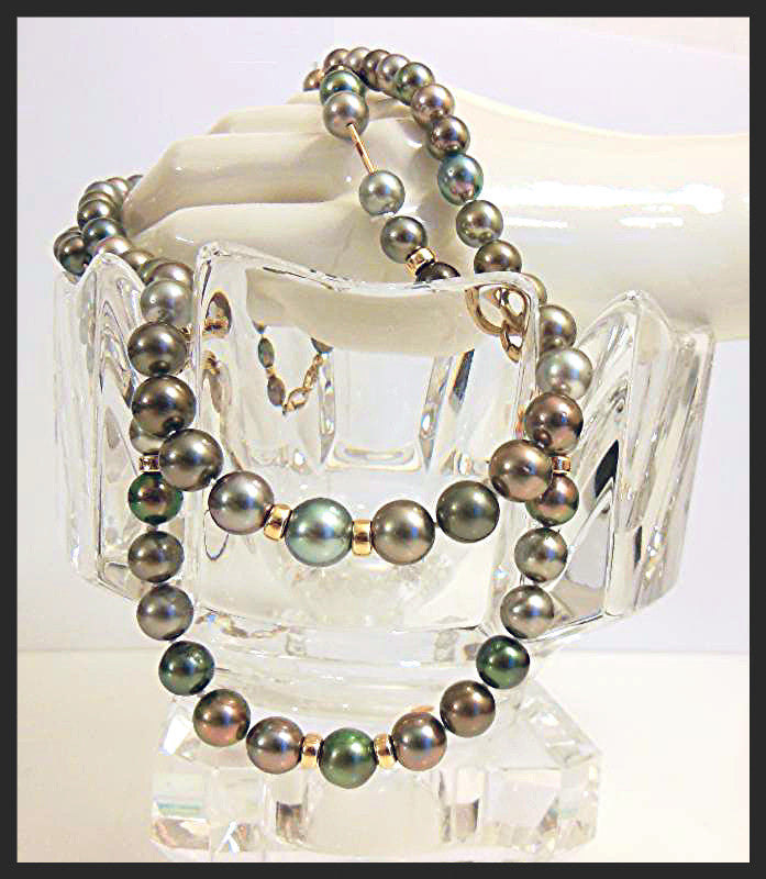 Multi-color round Tahitian Pearl Mega Set necklace and bracelet with interchangeable design and 14K clasps