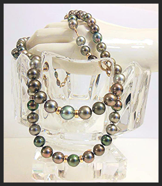 Multi-color round Tahitian Pearl Mega Set necklace and bracelet with interchangeable design and 14K clasps
