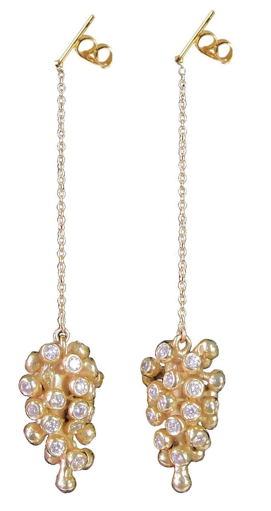 Vine of Valinor’s Bounty 18K gold and diamond grape cluster drop earrings with intricate celestial design