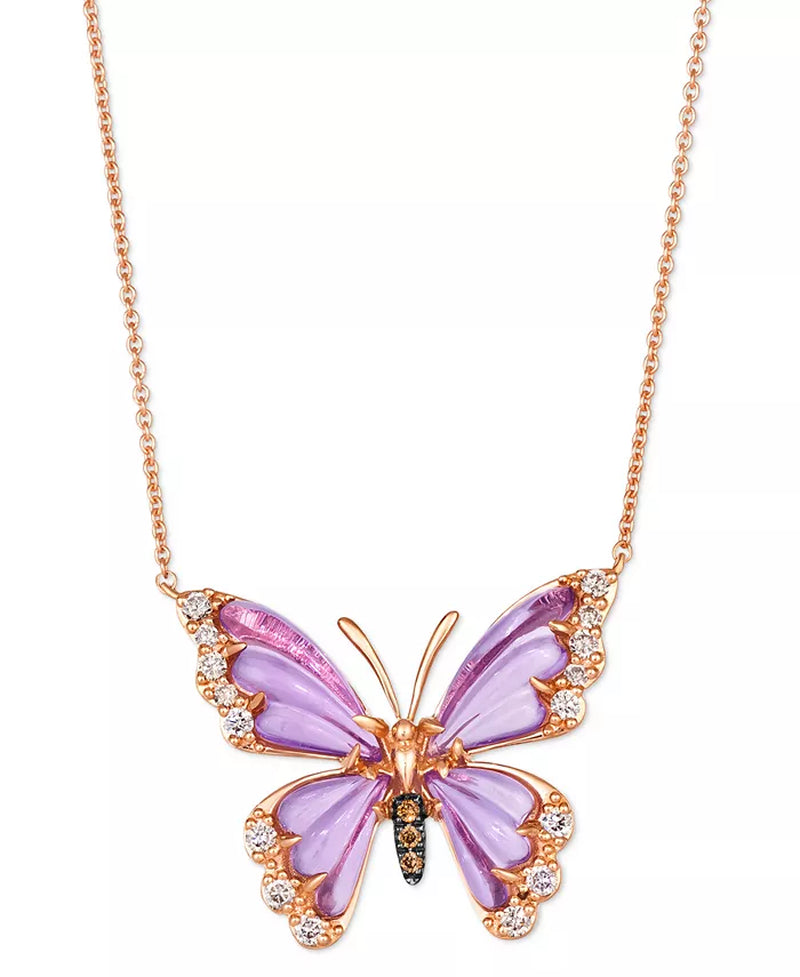 14K rose gold butterfly pendant necklace with grape amethyst and diamond accents on adjustable chain
