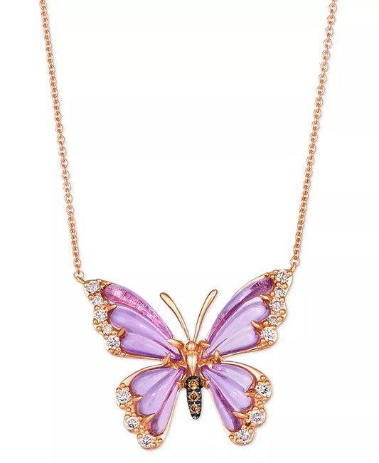 14K rose gold butterfly pendant necklace with grape amethyst and diamond accents on adjustable chain