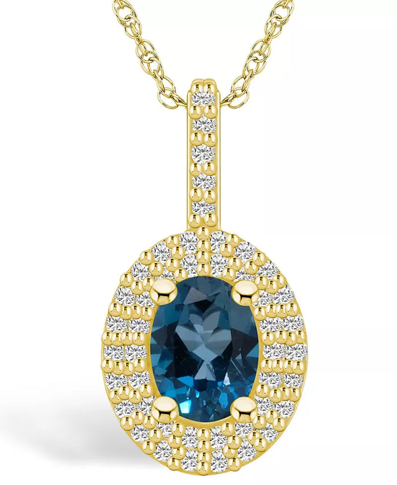 14K yellow gold pendant necklace with 8x6mm oval London blue topaz and diamond halo on 18-inch rope chain