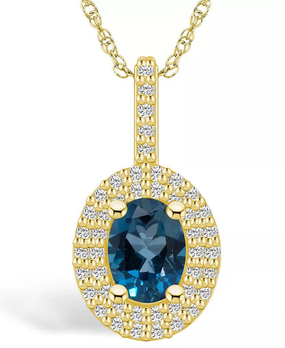 14K yellow gold pendant necklace with 8x6mm oval London blue topaz and diamond halo on 18-inch rope chain