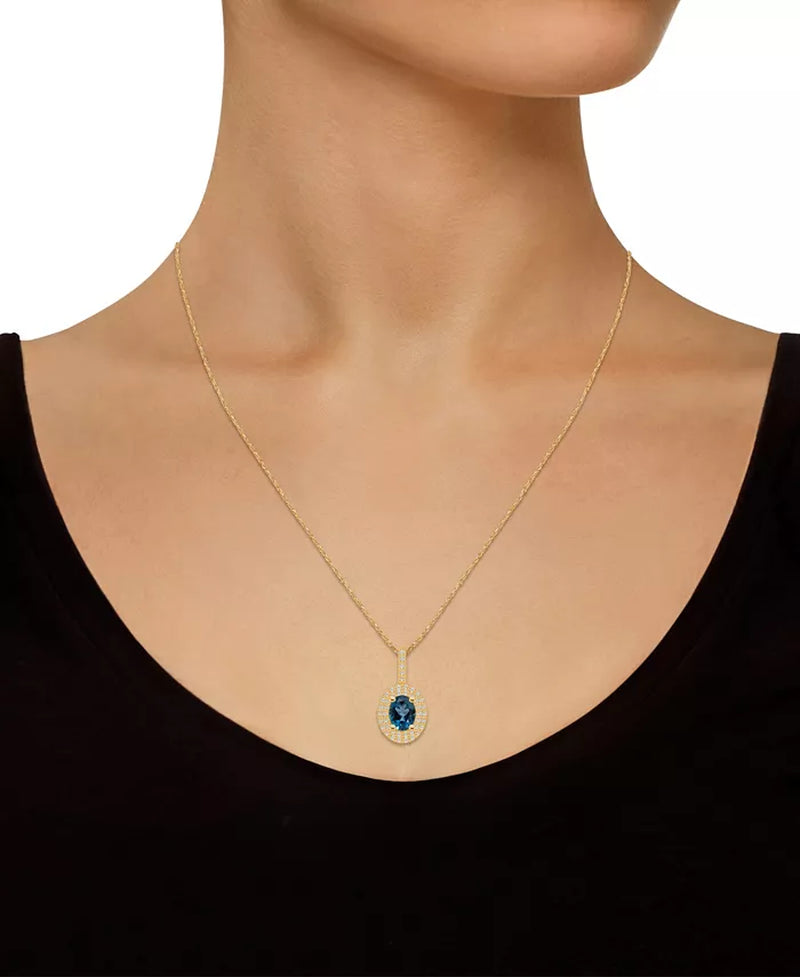London Blue Topaz (1-5/8 Ct. T.W.) and Diamond (1/2 Ct. T.W.) Halo Pendant Necklace in 14K Yellow Gold