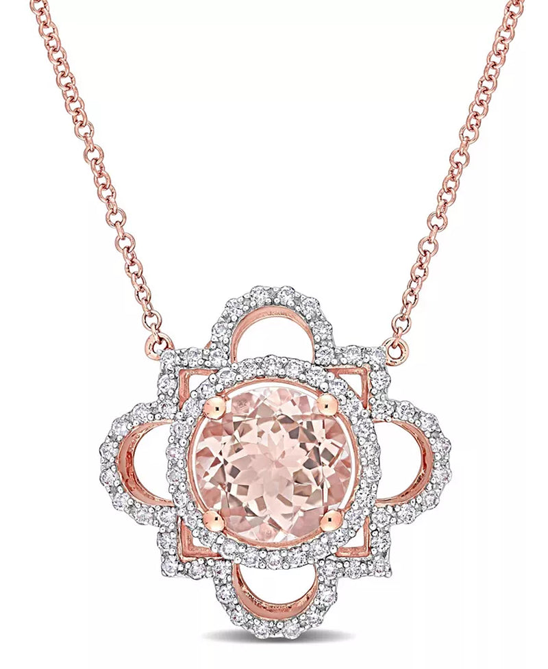 Morganite and Diamond Quatrefoil Necklace in 14k rose gold with round-cut morganite center and diamond accents