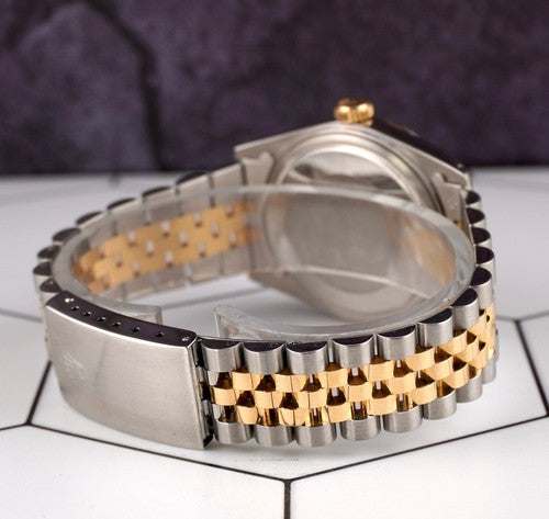 Date-just of the Azure Aegis watch with two-tone gold and steel Jubilee bracelet and sapphire crystal case back.
