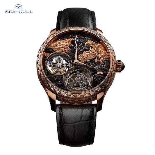 Luxury Sea-Gull Enchanted Chronomancer's Ninefold Wyrm Guardian watch with intricate rose gold dragon design and black leather strap