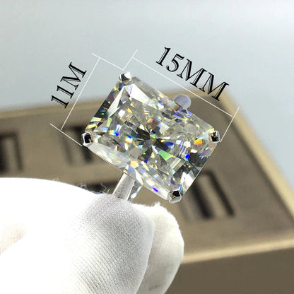 Solid 18K AU750 white gold ring with a 10-carat rectangular moissanite gemstone measuring 15mm by 11mm, showcasing exceptional brilliance and clarity.