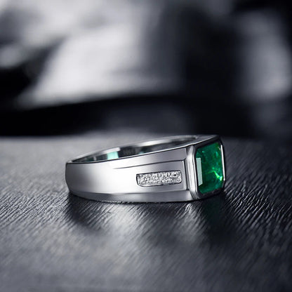 Solid 18k white gold men's ring with natural emerald and diamond accents