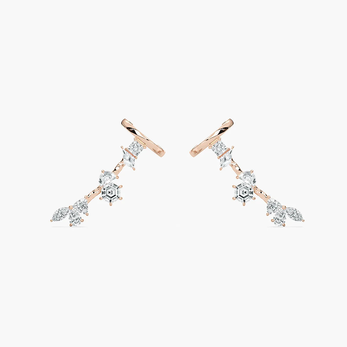 Mixed shape lab grown diamond cuff earrings in 14K rose gold with multiple diamond cuts totaling 4.50 carats