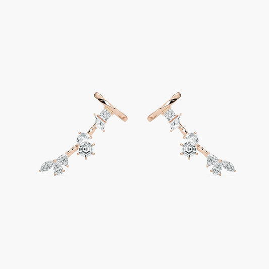 Mixed shape lab grown diamond cuff earrings in 14K rose gold with multiple diamond cuts totaling 4.50 carats