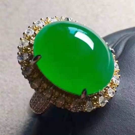 Luxury big jade gemstone ring with natural green jadeite, diamonds, and 18k gold setting
