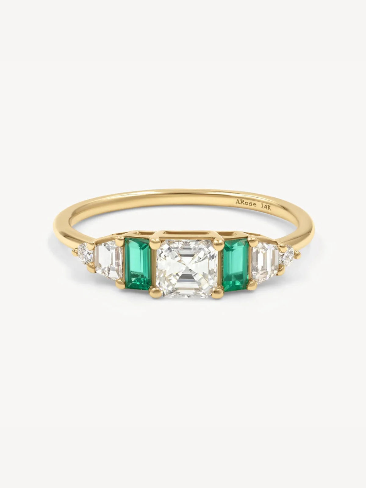 14k yellow gold Hall of Emerald Ring with Asscher-cut diamond and rectangular emeralds